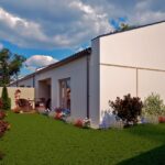 3D vizualizácia exteriéru rodinného domu s moderným dizajnom a upravenou záhradou pre developérov a.