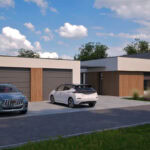 3D vizualizácia moderného domu s dvojgarážou, hnedým dreveným obkladom