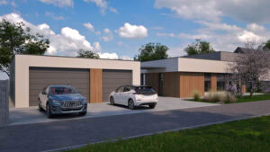 3D vizualizácia moderného domu s dvojgarážou, hnedým dreveným obkladom