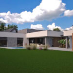 Široký perspektívny pohľad na modernú nízkopodlažnú vilu s dôrazom na členenie hmoty a krajinnú architektúru záhrady.