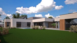 Široký perspektívny pohľad na modernú nízkopodlažnú vilu s dôrazom na členenie hmoty a krajinnú architektúru záhrady.