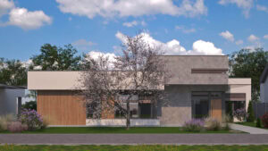 Exteriérová vizualizácia rodinného domu s betónovou stierkou, dreveným obkladom a kvitnúcim ružovým stromom pod modrou oblohou.