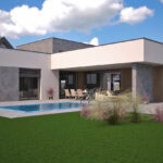 3D render zadnej terasy domu s bazénom, vonkajším sedením pod prestrešením a veľkými presklenými plochami.