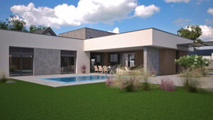 3D render zadnej terasy domu s bazénom, vonkajším sedením pod prestrešením a veľkými presklenými plochami.