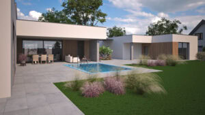 Široký perspektívny pohľad na modernú nízkopodlažnú vilu s dôrazom na členenie hmoty a krajinnú architektúru.