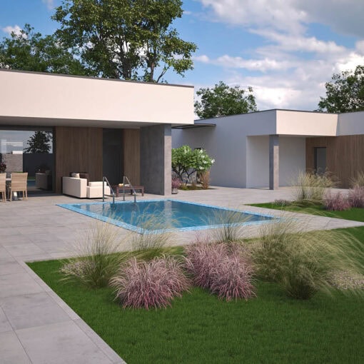 Široký perspektívny pohľad na modernú nízkopodlažnú vilu s dôrazom na členenie hmoty a krajinnú architektúru.