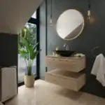 3D vizualizácia modernej kúpeľne s umývadlom na doske a podsvieteným zrkadlom
