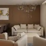 3D vizualizácia modernej obývacej izby prepojenej s jedálňou v trojbytovke