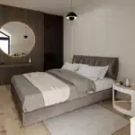 3D vizualizácia modernej spálne s čalúnenou posteľou a podsvieteným zrkadlom