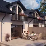3D vizualizácia zadnej terasy modernej trojbytovky so súkromnou záhradou