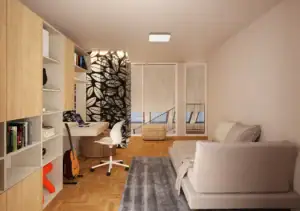 3D vizualizácia modernej študentskej izby v mezonete s písacím stolom a dekoratívnou stenou