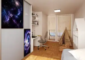 Detská izba s teepee stanom a vstavanou skriňou s fototapetou vesmíru v 3D vizualizácii