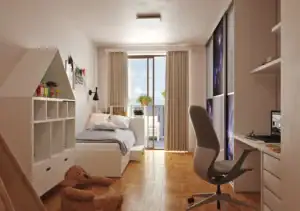 3D návrh detskej izby pre chlapca s nábytkom v tvare domčeka a vesmírnou skriňou