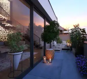 3D vizualizácia luxusnej terasy s posedením, sviečkami a zeleňou počas západu slnka