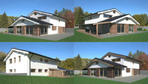 3D vizualizácia rodinného domu – štyri pohľady na exteriér, fasádu a architektúru domu.