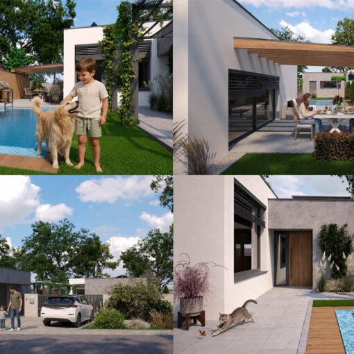 Fotorealistická 3D vizualizácia moderného domu s bazénom, terasou, záhradou a rodinou – štyri exteriérové pohľady.